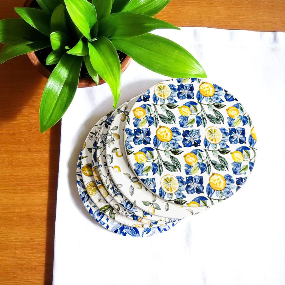 Mediterranean ceramic coasters lemon pattern blue white luxury home decor cork back drink coasters